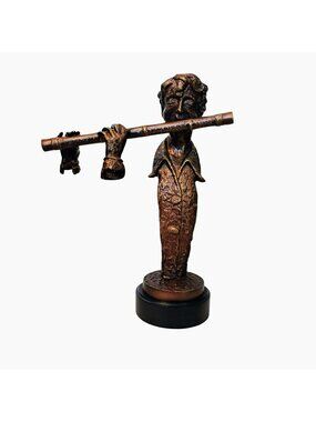 Heavy Metal Pacific Flute Player Art Sculpture, Bronze Musician Figurine 20"